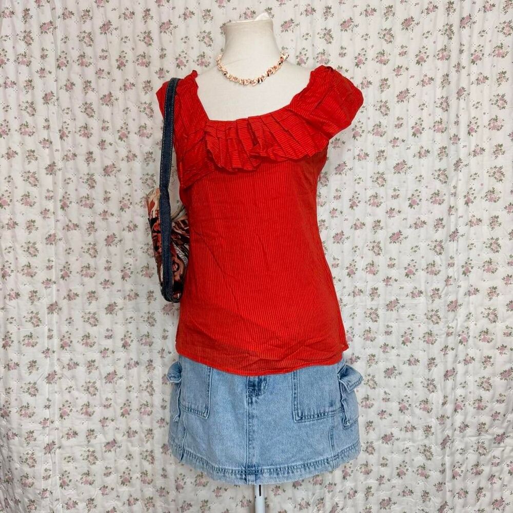 2000s Orange Red Ruffle Double Layer Blouse Side Zip Back Button Y2K
